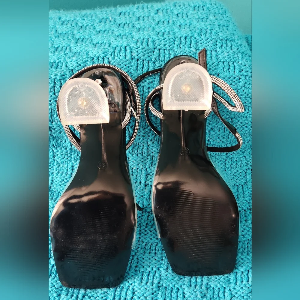 NIB Zzheels Blk Double Bowknots Crystal Clear Slingback Heels Square Toe Size8.5